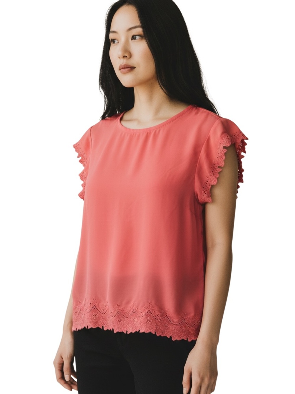 LOFT Coral Eyelet-Trim Flutter Sleeve Blouse